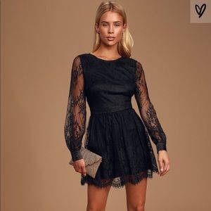 Romantic Night Black Lace Long Sleeve Skater Dress